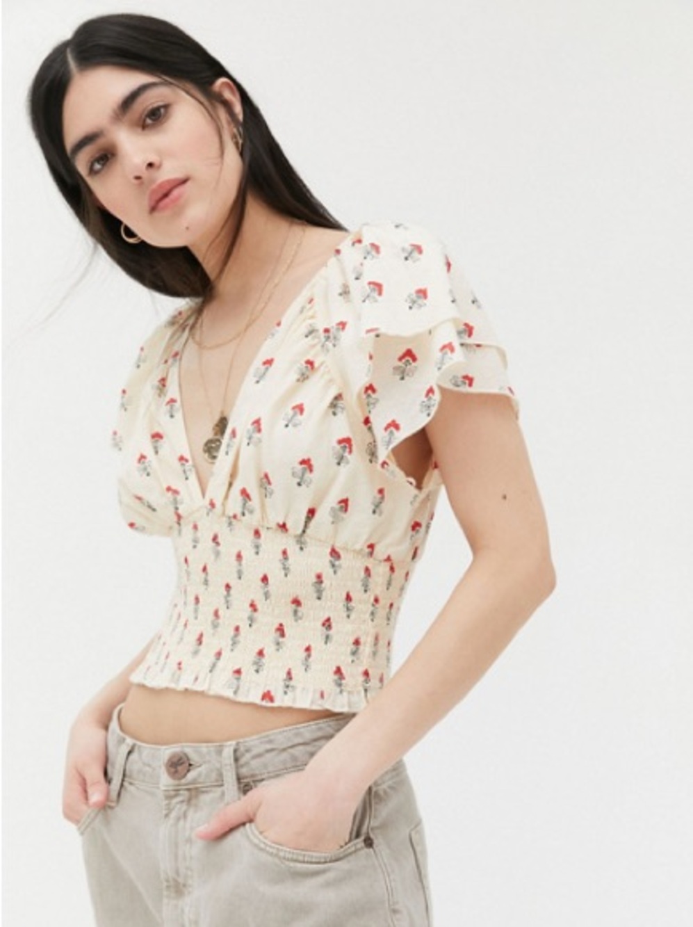 Urban Outfitters UO Kianna Smocked Cotton Floral Crop Top Size Small NWOT
